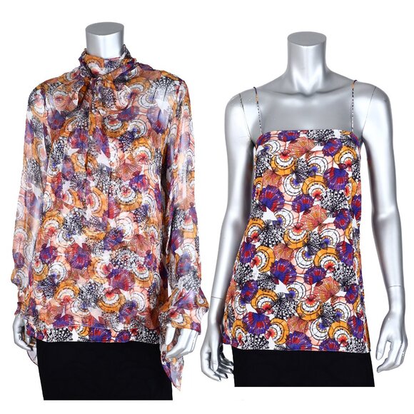 EMILIO PUCCI TOP SHELLS PRINT SILK BLOUSE SHIRT CAMI SET sz IT 42 US 8